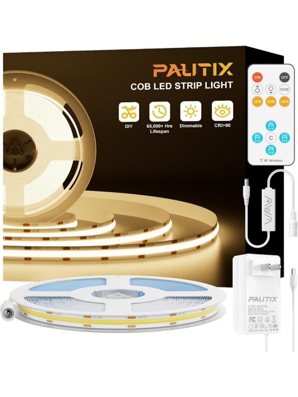 Dimmable 32.8ft COB LED Strip Lights with RF Remote - Warm White Indoor Lighting
